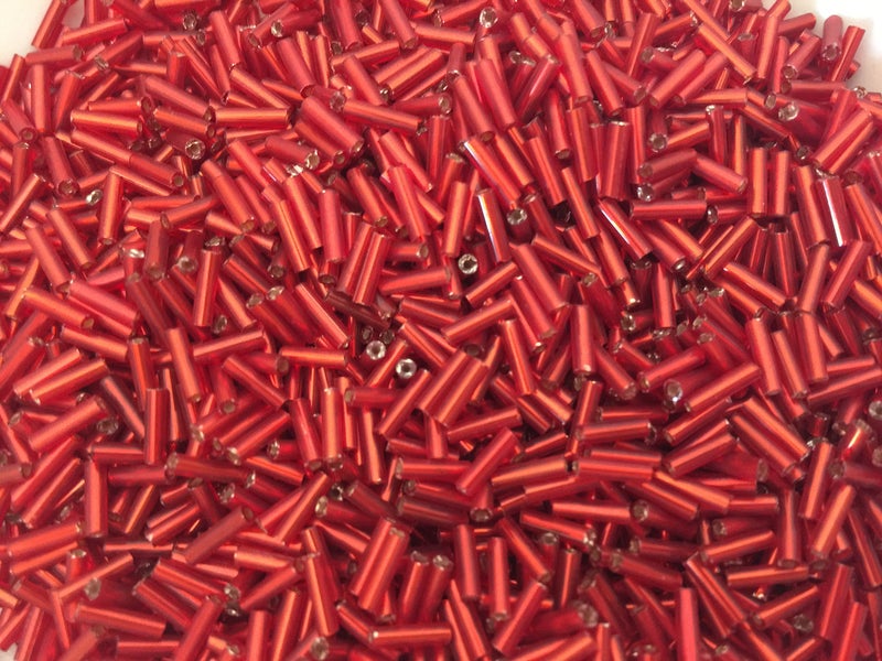 Golden Leaf Czech Bugle Beads 40 gr / 1.4 oz Ruby Red Glass Tube Size #3 7mm / Perfect for Christmas crafts- Xmas!